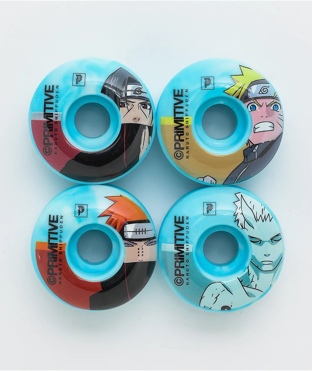 Custom Skateboard Wheels for Advanced Street Skaters-Primitive x Naruto Shippuden Team 54mm Blue Swirl Skateboard Wheels