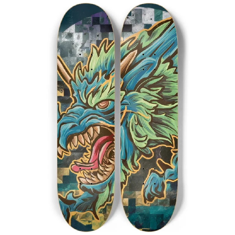 Custom Skateboard Deck with Extended Nose for Control-2 Skateboard Series Art - Dragons Roar