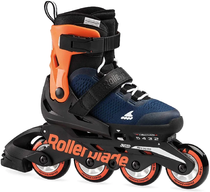 Custom Skates with Toe Stops for Safety-Rollerblade Microblade Junior Skates - Midnight Blue/Orange - Adjustable Size Skates